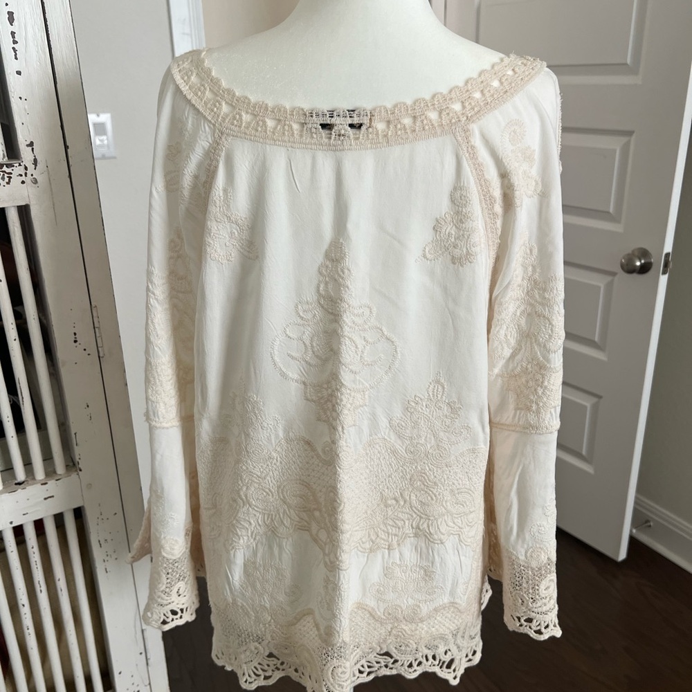 Scoop neck, embroidered ivory blouse with bell sleeves